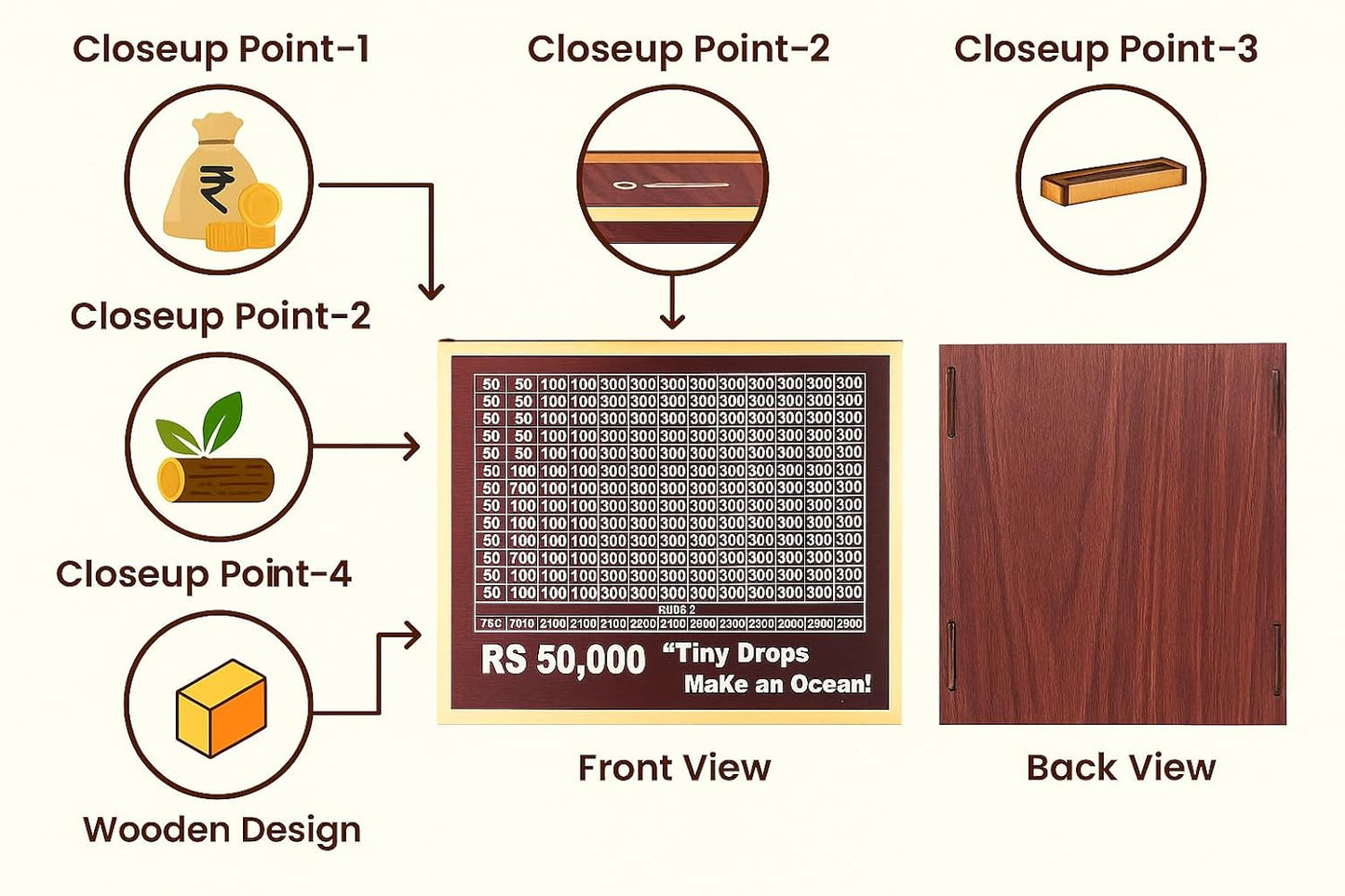 Wooden 50k Money Saving Box with chart