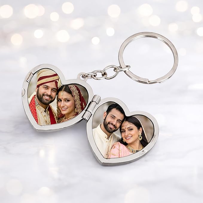 Personalized Heart Shaped Double Photo Frame Metal Keychain