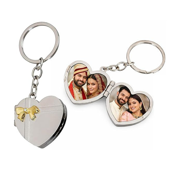 Personalized Heart Shaped Double Photo Frame Metal Keychain