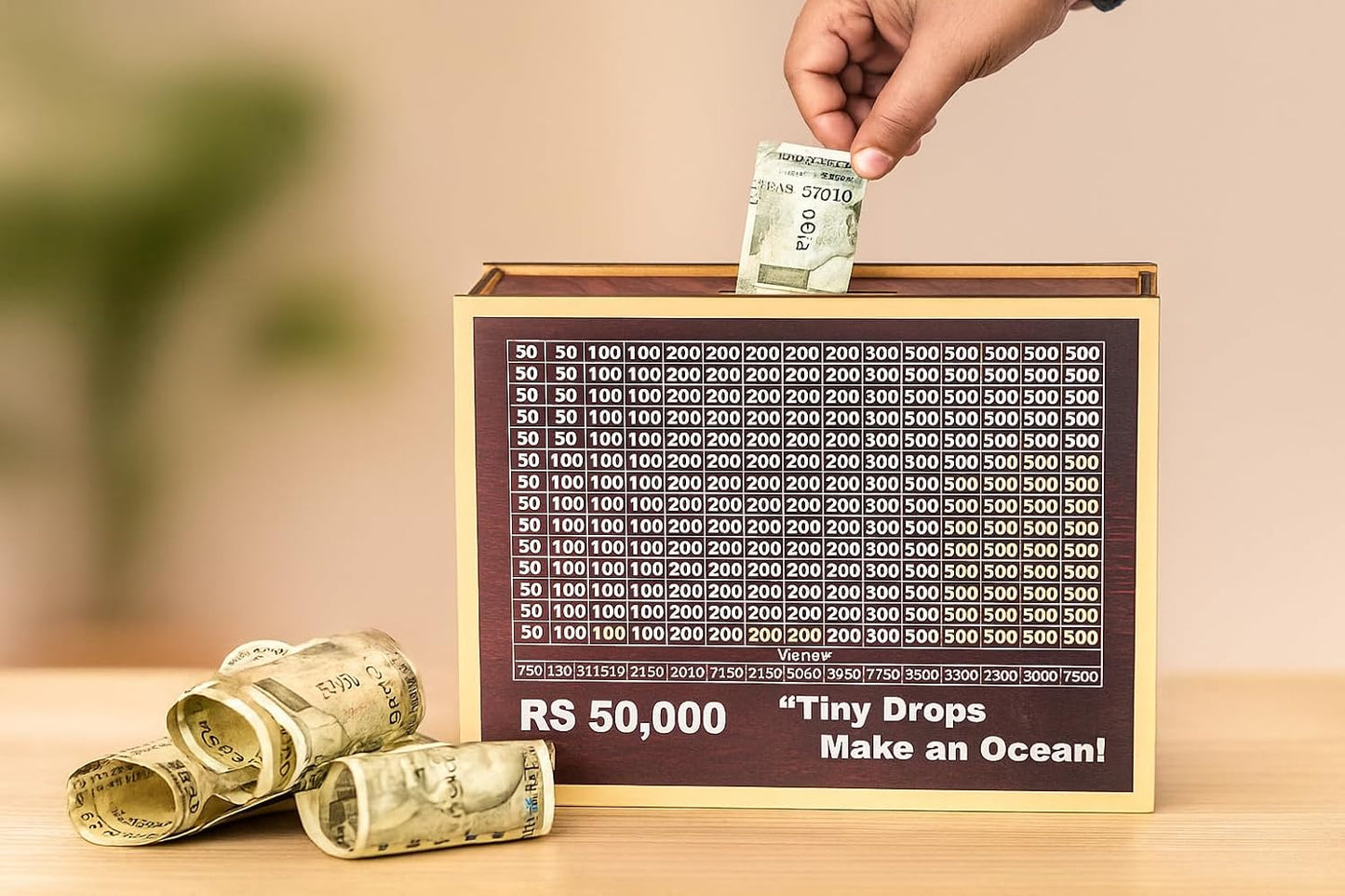 Wooden 50k Money Saving Box with chart